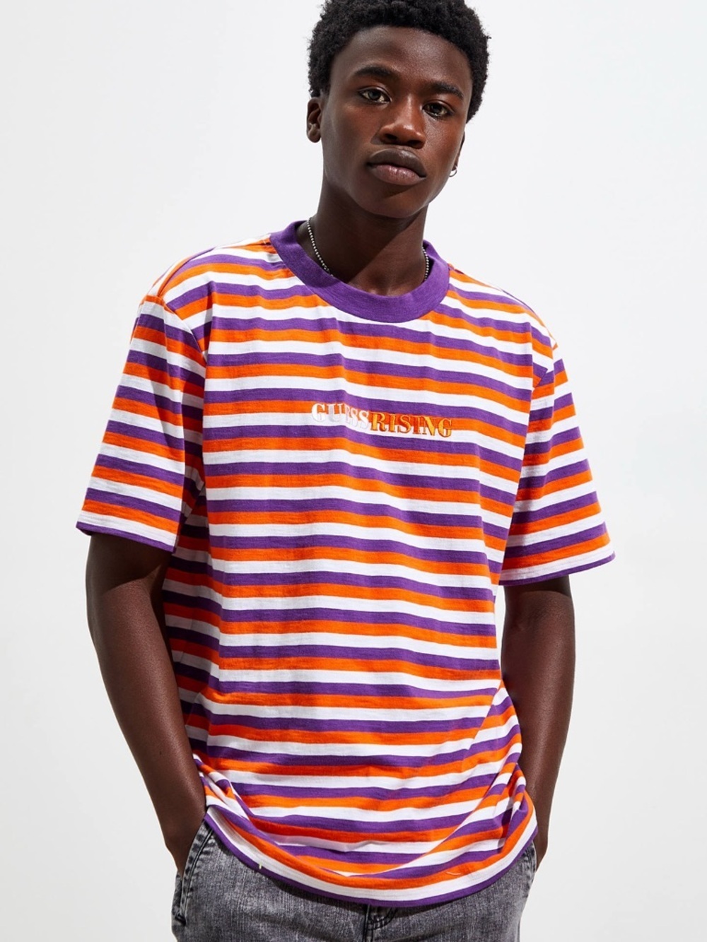 New GUESS ORIGINALS Purple Orange White Striped Short Sleeve Tee SZ L - Picture 4 of 9